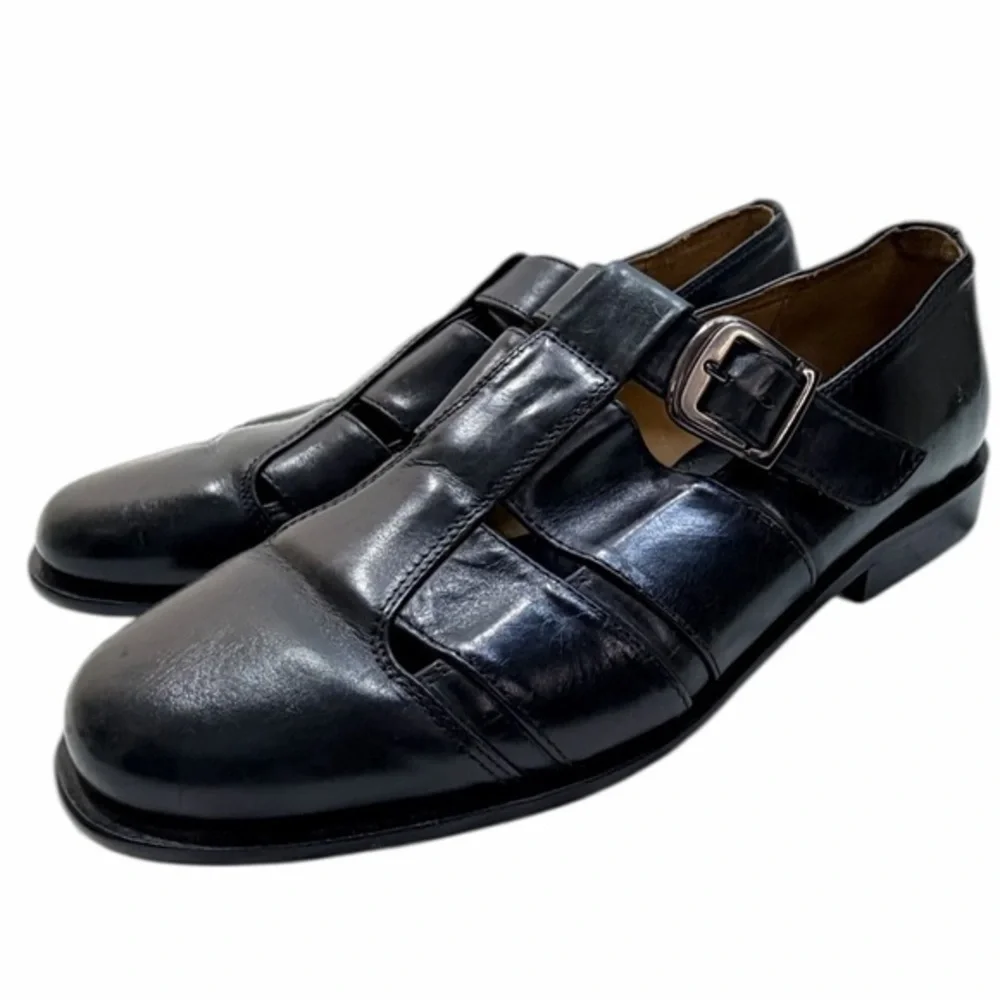Johnston & Murphy Cellini Black Italian Leather Fisherman Buckle Shoes Size 10